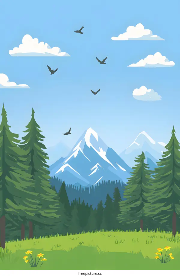 Mountain Landscape with Green Trees and Birds Flying in Blue Sky