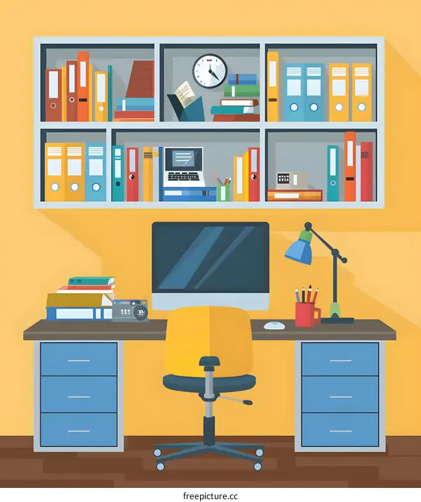 Modern Office Workspace with Desk, Computer, and Bookshelves