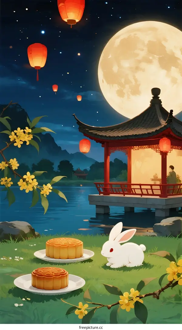 Full Moon Festival Night with Rabbit and Mooncakes in Garden
