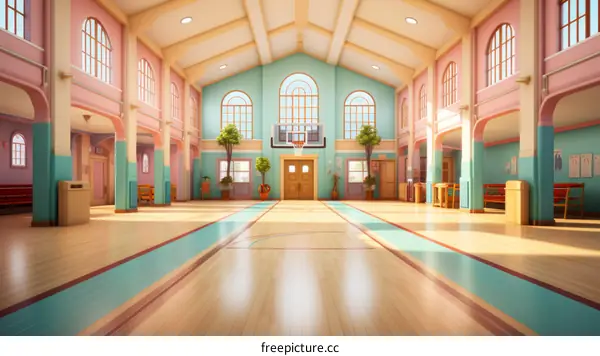 Interior of a High School Gymnasium with Pastel Colors