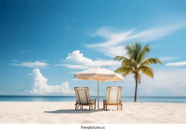 Two empty beach chairs sit under a palm tree umbrella on a white sand beach with the ocean in the background