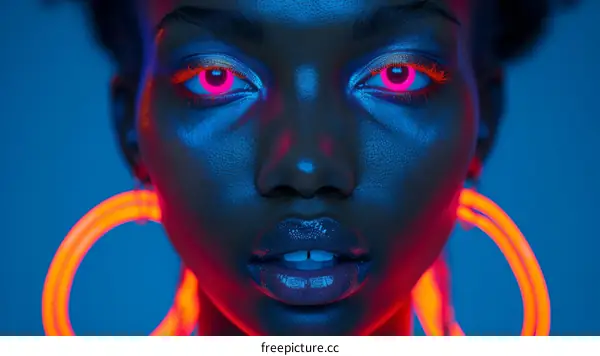 Portrait of a Woman with Afro Hair and Neon Glow