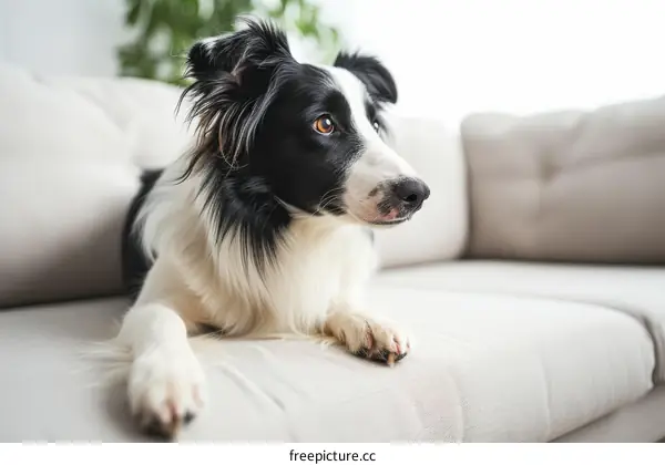 A cute Border Collie dog relaxing on a white sofa