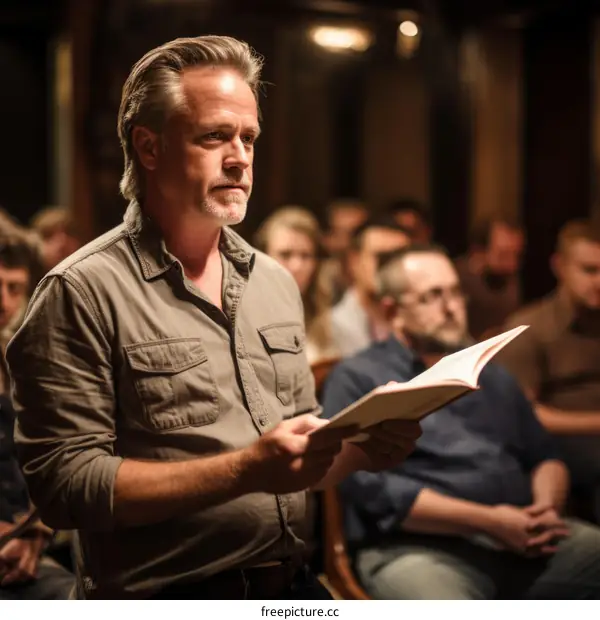 A man is reading a book in a room full of people