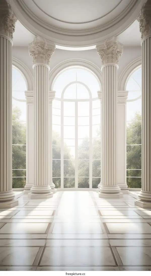 Large bright hall with white marble floor and arched windows