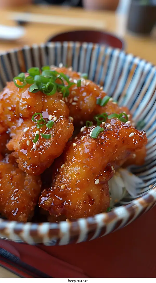 A plate of fried chicken with sesame seeds and green onions