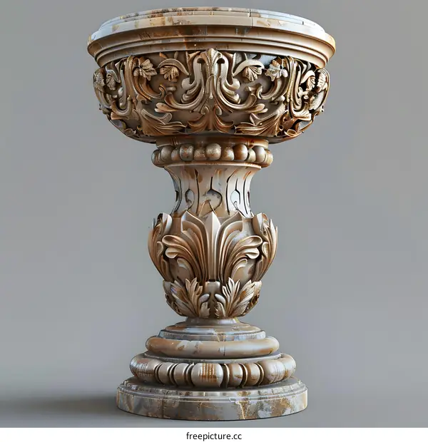 An intricately carved marble pedestal with a fluted column and decorative flourishes.
