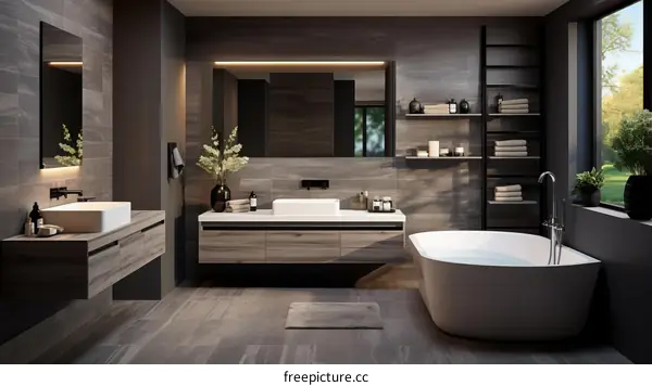 Bathroom interior with dark tiles and wooden vanity