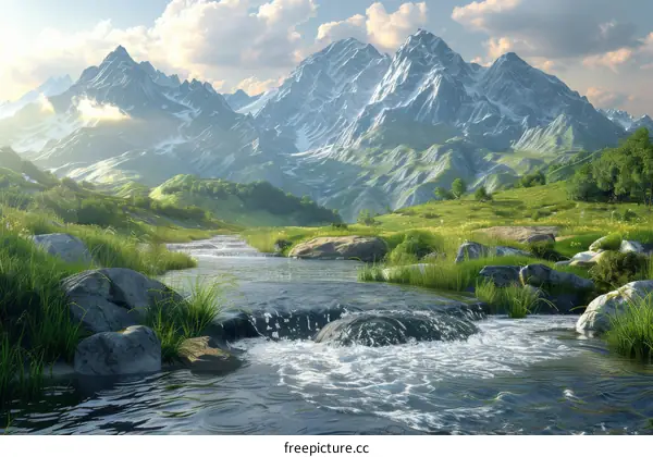 Majestic Mountain Range with River Flowing through Verdant Valley