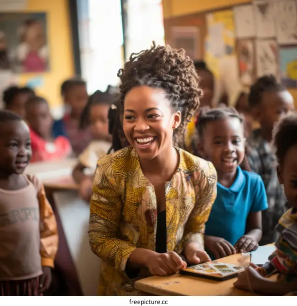 Happy African woman with group of children