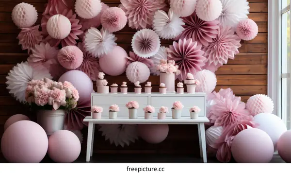 Pink and white paper flowers and balloons for a baby shower