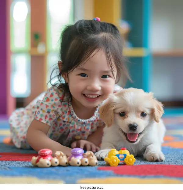 An adorable toddler and a puppy playing together on the floor