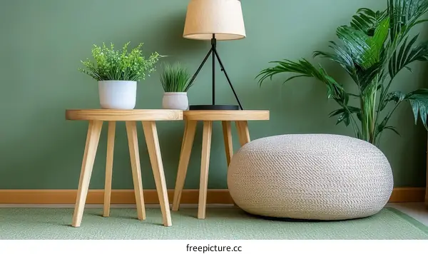 Green Room Decor with Wooden Tables and Pouf
