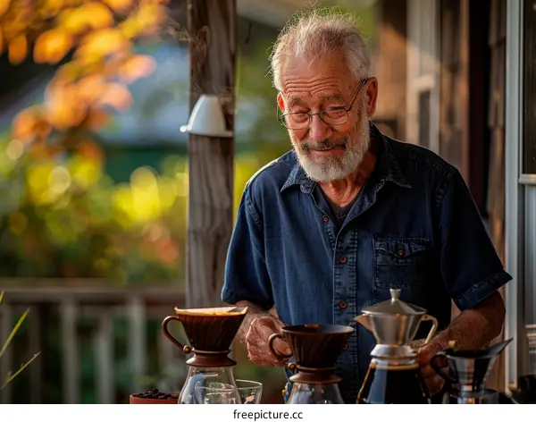 An elderly man is making coffee with a Chemex coffee maker on a porch.