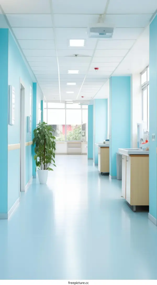 Blue hospital hallway with green plant in the middle