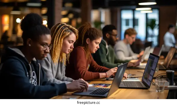 Focused multiracial group of young professionals working together at a long wooden table in a modern office space