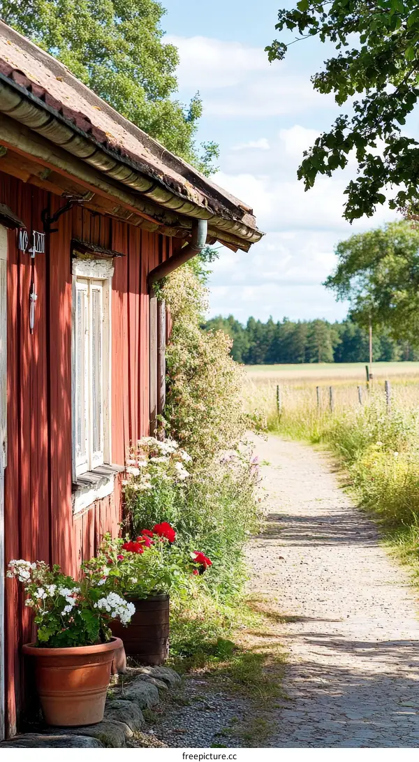 Rustic Red Cottage Pathway in a Sunny Day
