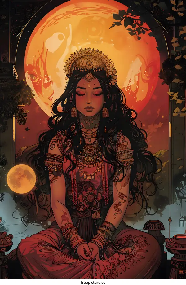 Woman With Closed Eyes And Red Moon In The Background