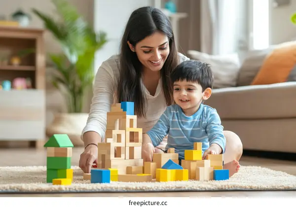 Mother and Son Play with Wooden Blocks at Home