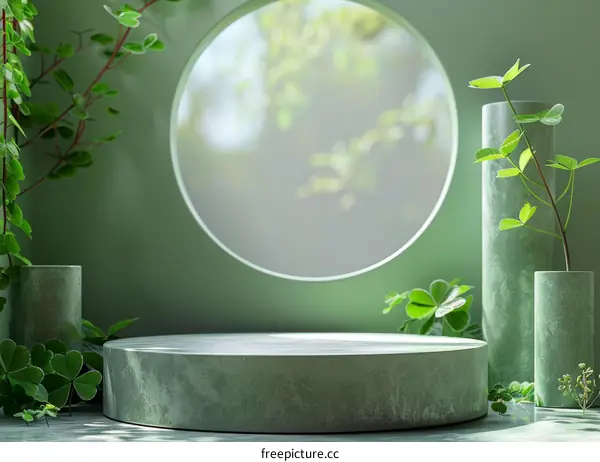 Green Studio Backdrop for Product Photography with Round Window and Leaves
