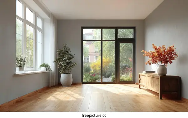 Empty Modern Living Room with Sunlight and Garden View