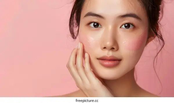 Closeup of Asian Woman with Pink Face Mask