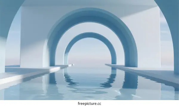 A series of arched doorways reflecting in calm blue water