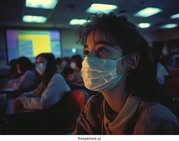 girl wearing a mask in a classroom