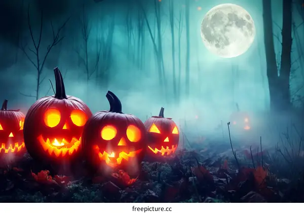 Spooky Halloween pumpkins glowing in a moonlit forest