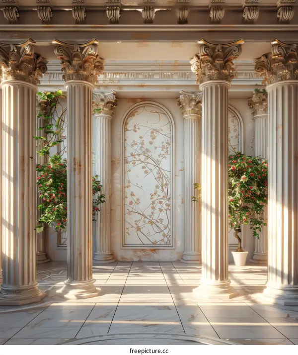 Classical Architecture Interior with Ornate Columns and Floral Patterns