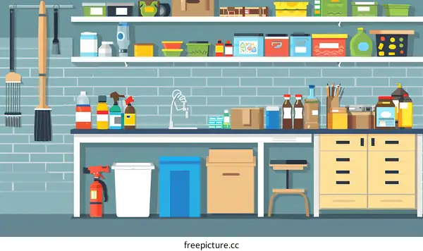 Illustration of a Storage Room with Shelving, Cleaning Supplies, and Tools