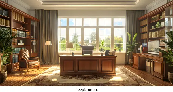 Luxurious home office interior with large windows and wooden furniture