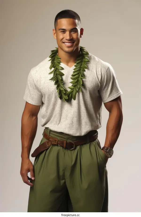Portrait of a young man wearing a hawaiian lei