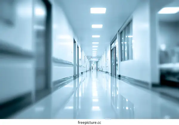 Empty Hospital Corridor in Light Blue Tone