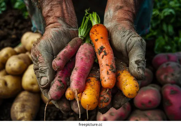 A farmer's hands holding freshly-harvested carrots
