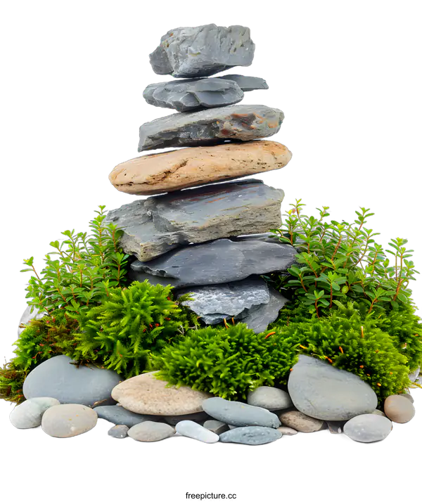[Transparent Background PNG]Stacked Stones With Moss And Greenery