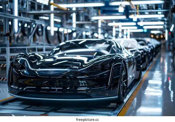 Black Porsche Taycan sports car on production line in factory