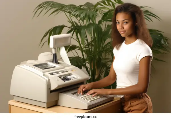 A young woman is using a cash register.