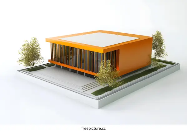 Modern Building with Orange Facade and Trees