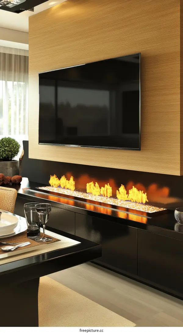 Modern Contemporary Living Room with Built-in Fireplace and Television