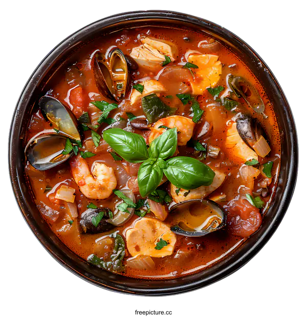 [Transparent Background PNG]A delicious bowl of seafood soup with shrimp, mussels, and vegetables