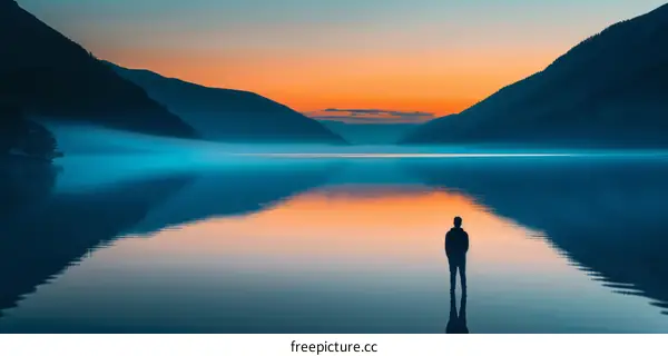 Man standing alone in a beautiful lake during sunset