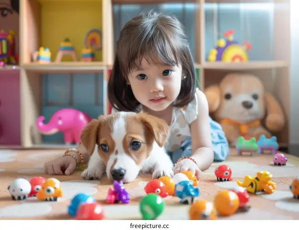 Asian toddler girl playing with a puppy surrounded by toys