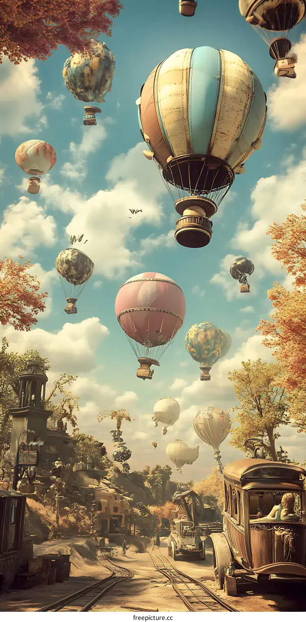 Vintage Hot Air Balloon Fantasy Landscape