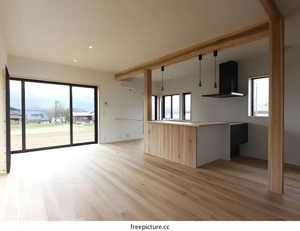 Modern Minimalist Kitchen Interior Design with Wooden Beams and Large Windows