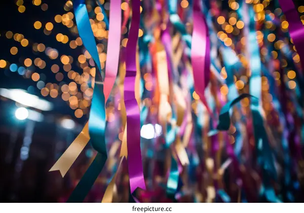 Colorful ribbons hanging from the ceiling with a blurry background of lights