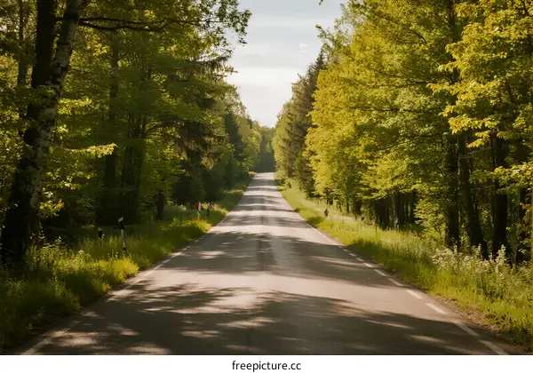 A peaceful country road surrounded by lush green trees