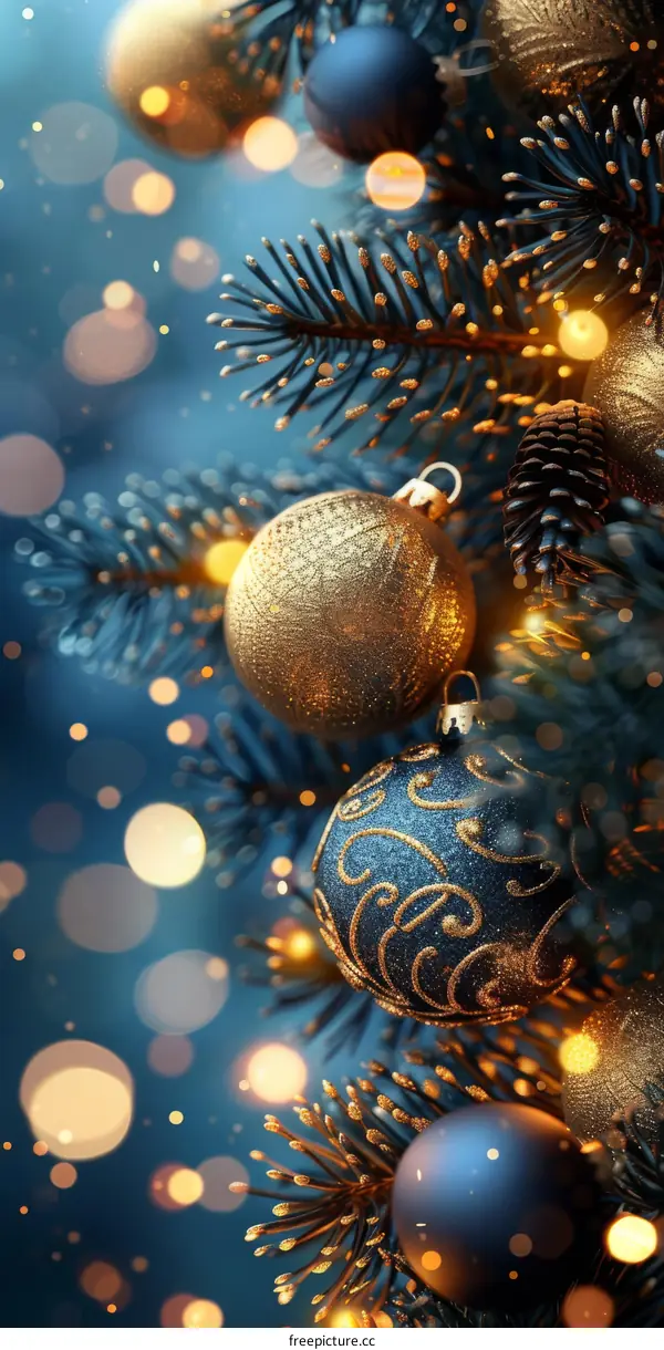 Christmas tree with blue and gold ornaments