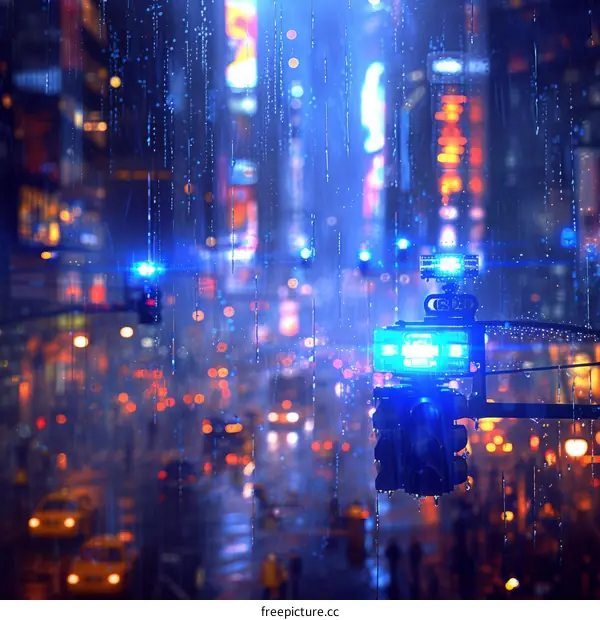 Rainy Night Cityscape with Police Car Light