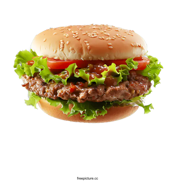[Transparent Background PNG]A delicious-looking hamburger with lettuce, tomato, and cheese.